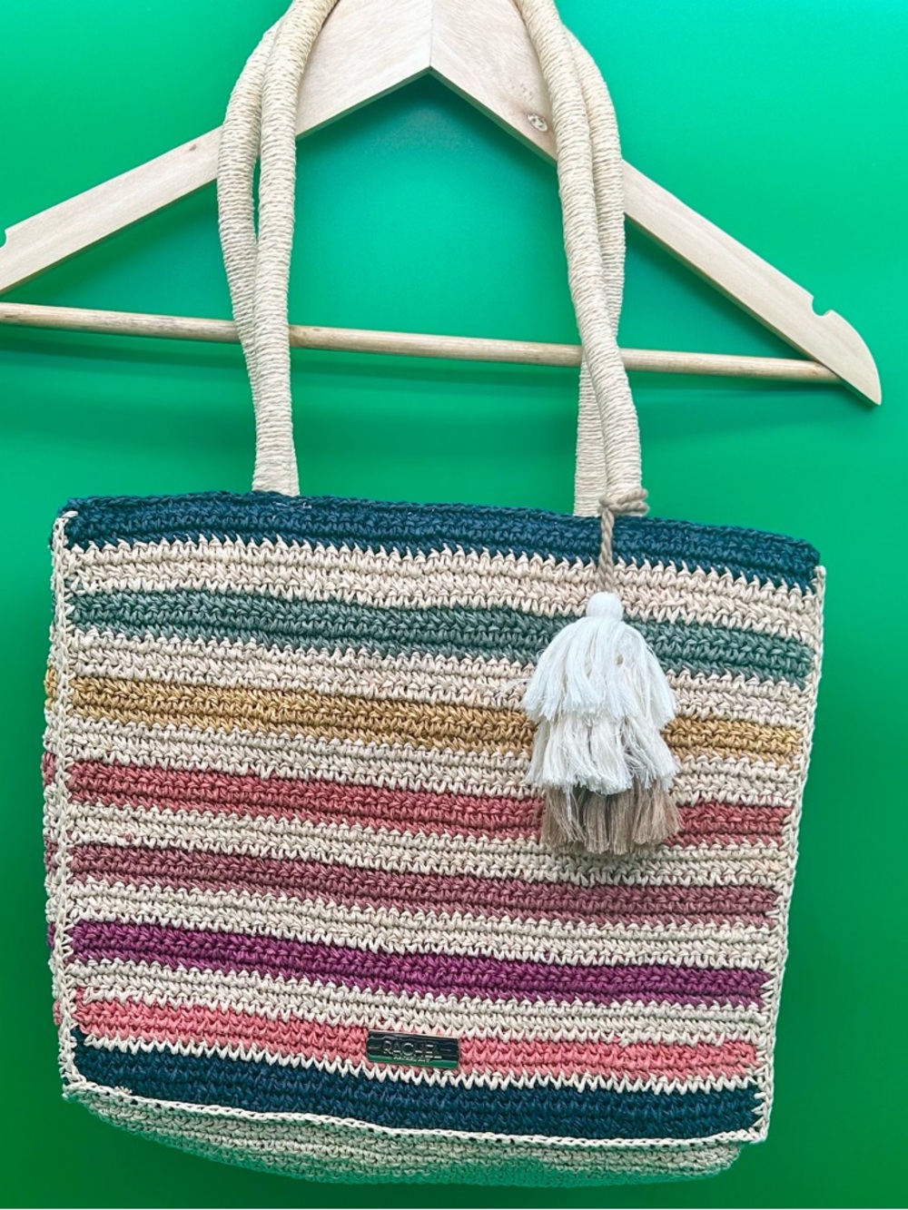 Rachel Roy Boho Hippy Coastal Multicolor Striped Woven Tote with Cream Tassel